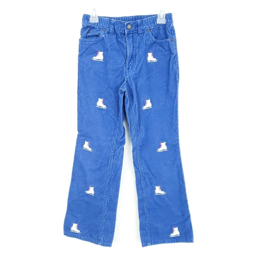 Lands' End Corduroy Ice Skate Embroidered Pants 7 Blue White Girls Winter Pant